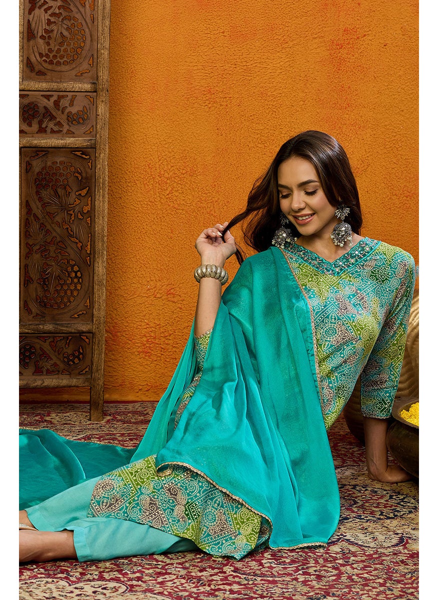 Blue Cotton Blend Bandhani Printed Straight 3-Piece Kurta Set