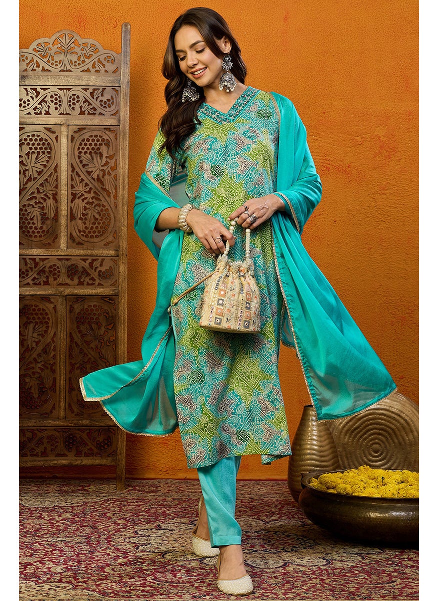 Blue Cotton Blend Bandhani Printed Straight 3-Piece Kurta Set