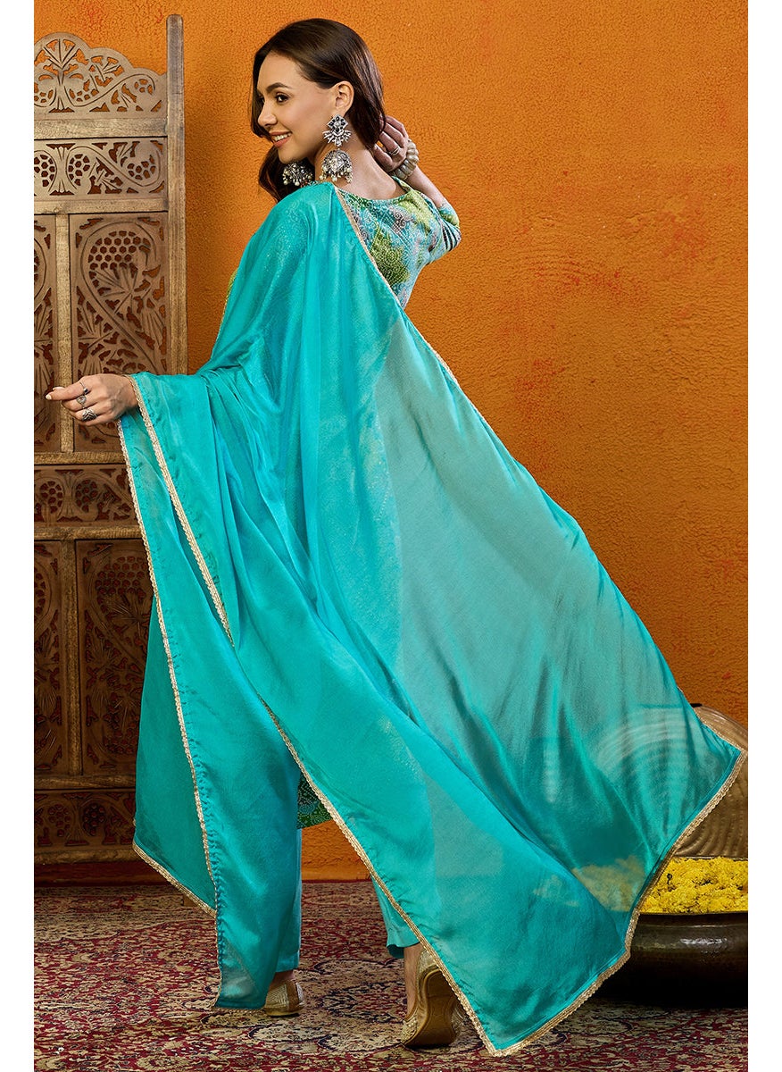 Blue Cotton Blend Bandhani Printed Straight 3-Piece Kurta Set