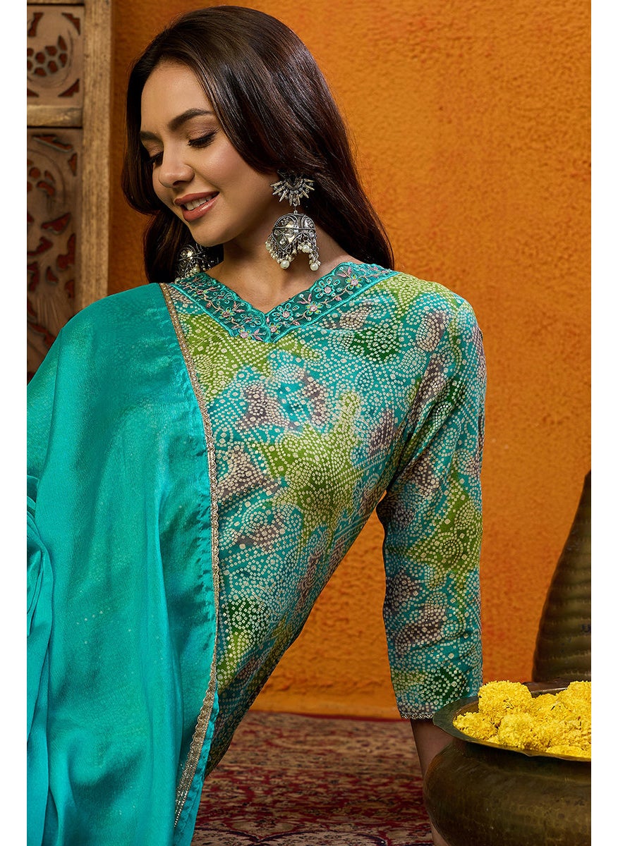 Blue Cotton Blend Bandhani Printed Straight 3-Piece Kurta Set