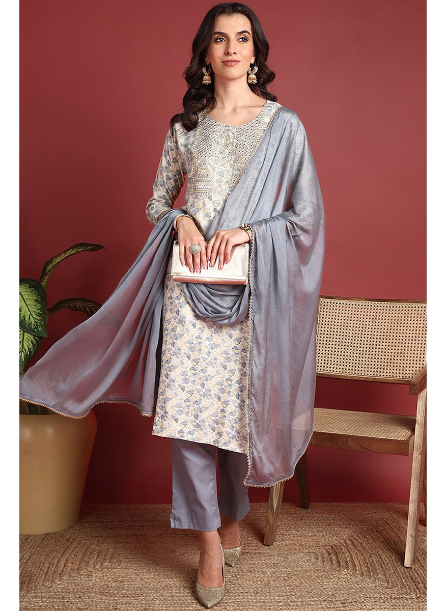 Grey Viscose Rayon Embroidered Straight 3-Piece Kurta Set