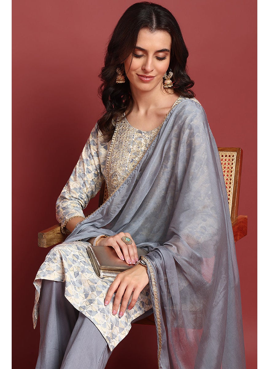 Grey Viscose Rayon Embroidered Straight 3-Piece Kurta Set