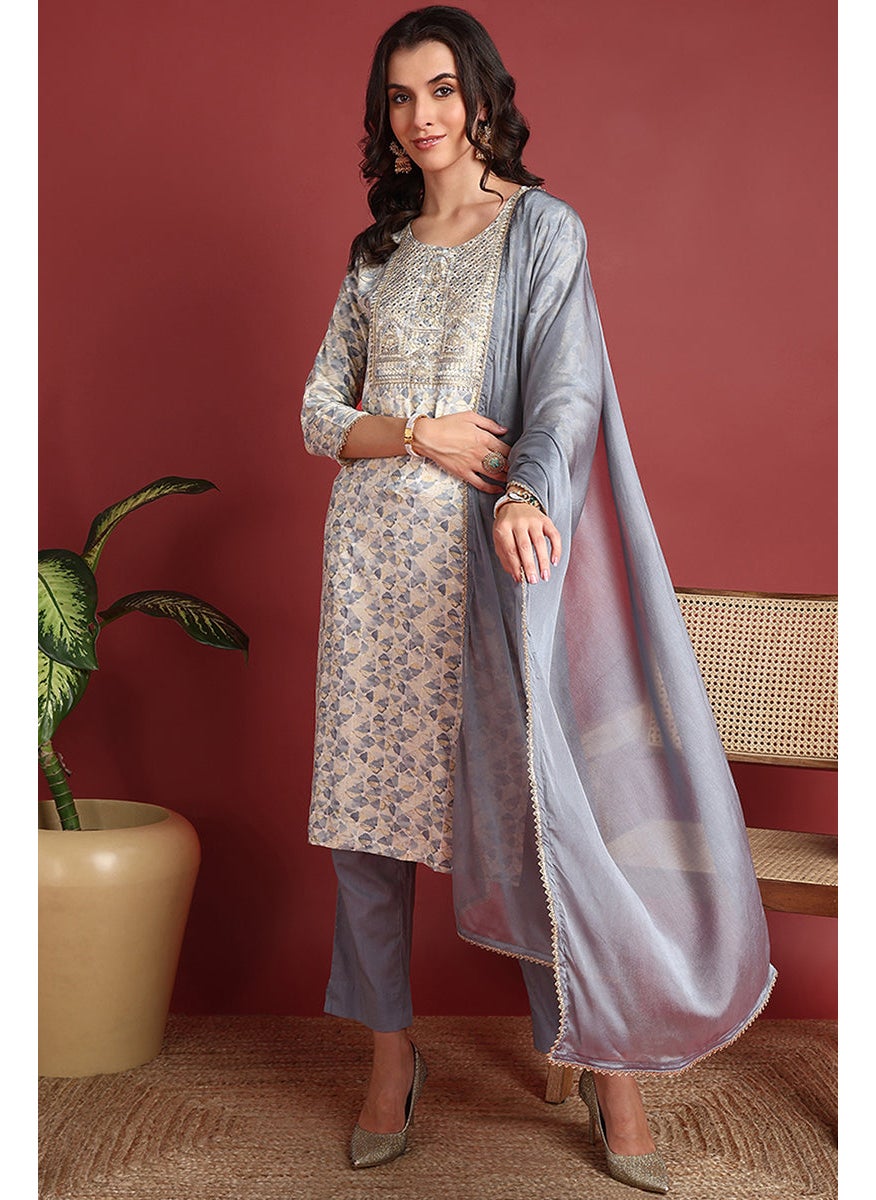 Grey Viscose Rayon Embroidered Straight 3-Piece Kurta Set