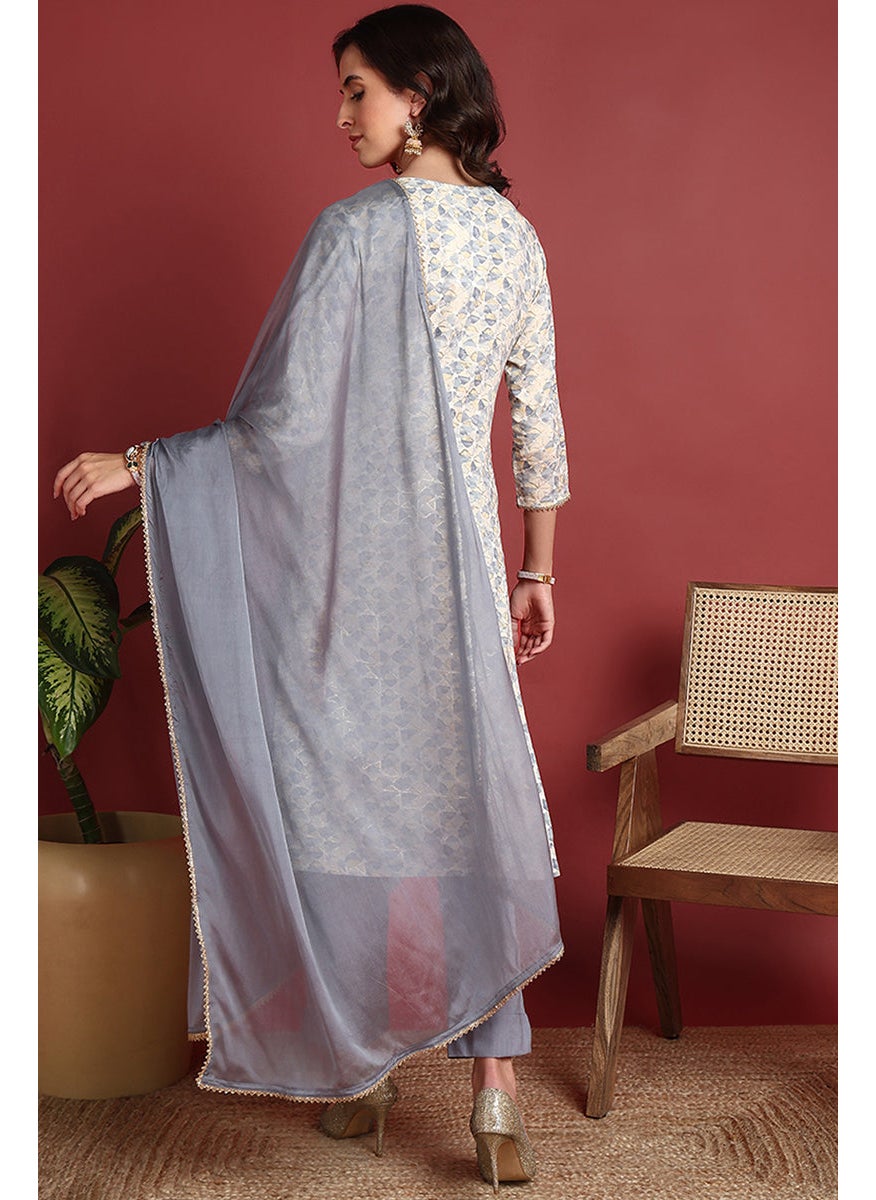 Grey Viscose Rayon Embroidered Straight 3-Piece Kurta Set