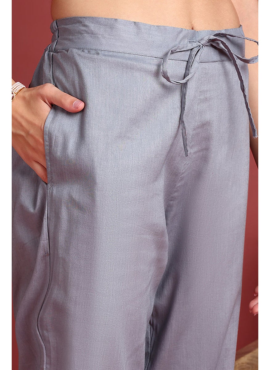 Grey Viscose Rayon Embroidered Straight 3-Piece Kurta Set