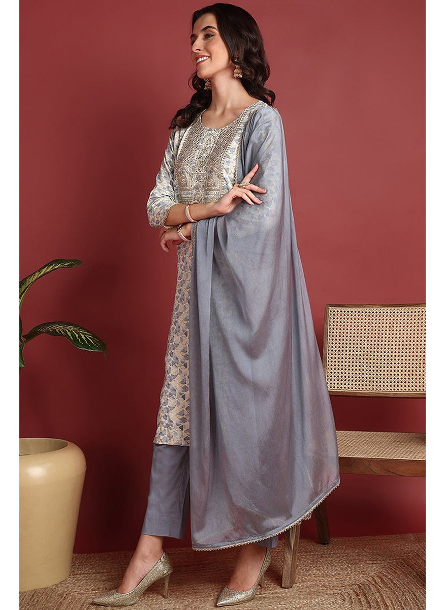 Grey Viscose Rayon Embroidered Straight 3-Piece Kurta Set