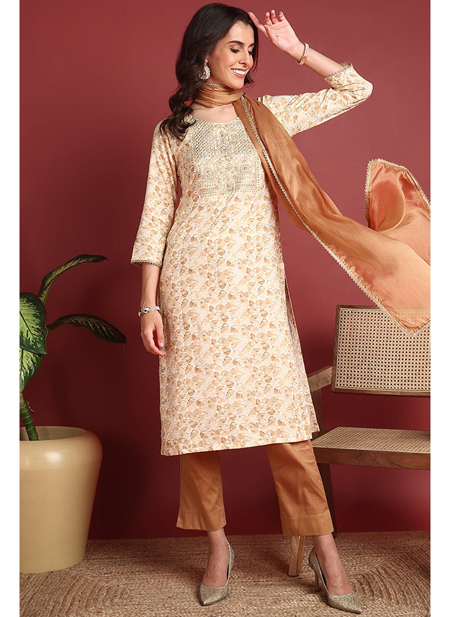 Brown Viscose Rayon Embroidered Straight 3-Piece Kurta Set