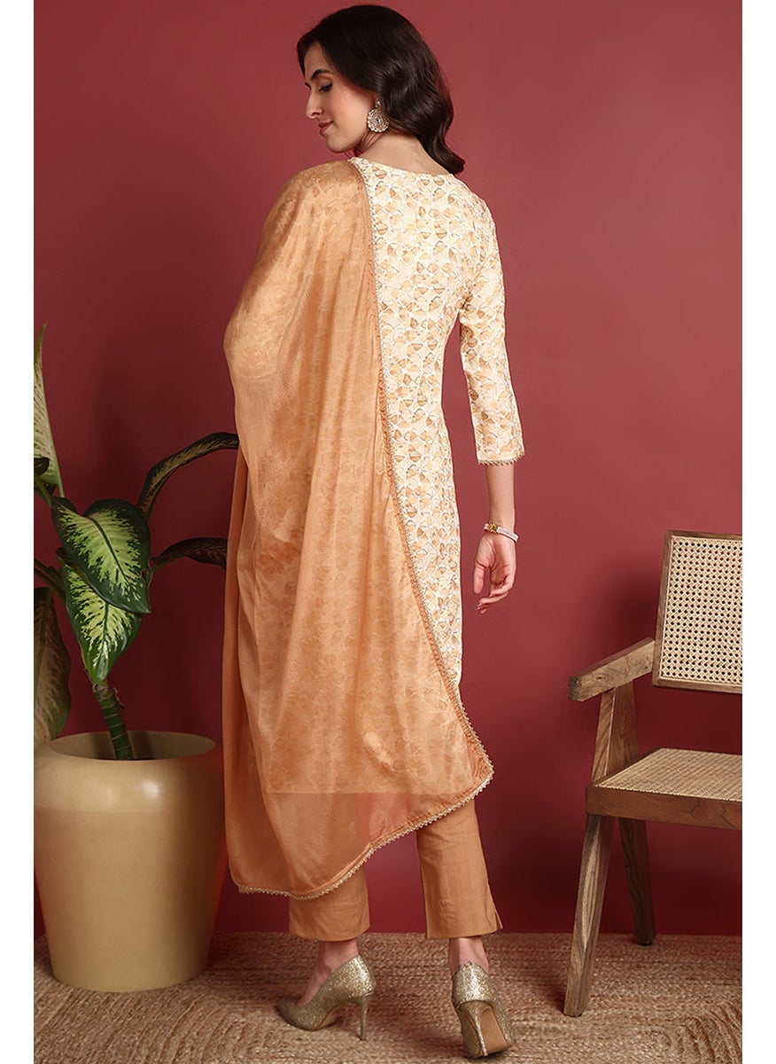 Brown Viscose Rayon Embroidered Straight 3-Piece Kurta Set