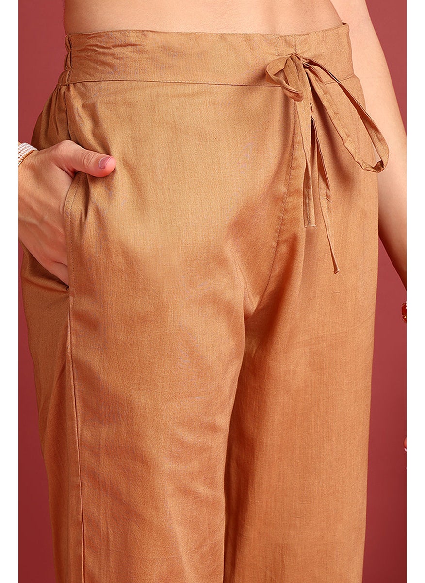 Brown Viscose Rayon Embroidered Straight 3-Piece Kurta Set