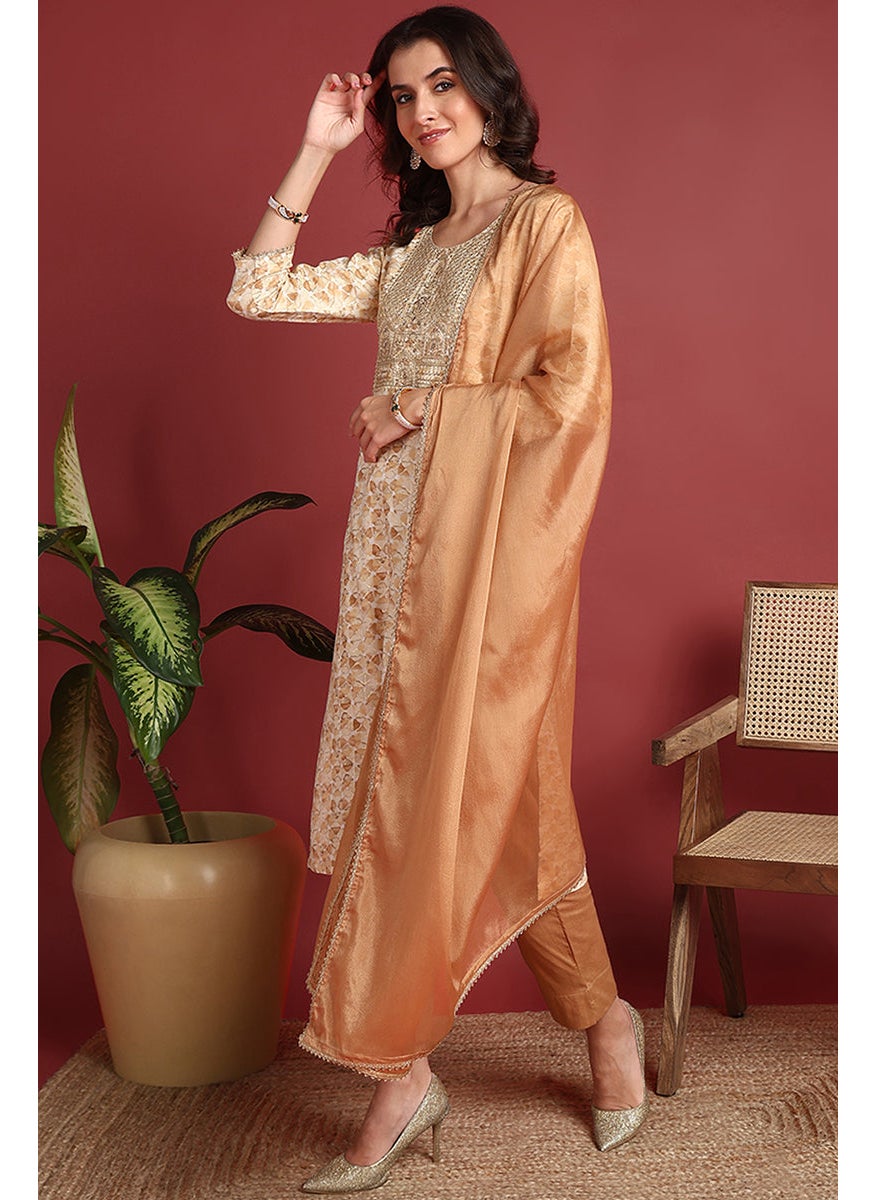Brown Viscose Rayon Embroidered Straight 3-Piece Kurta Set