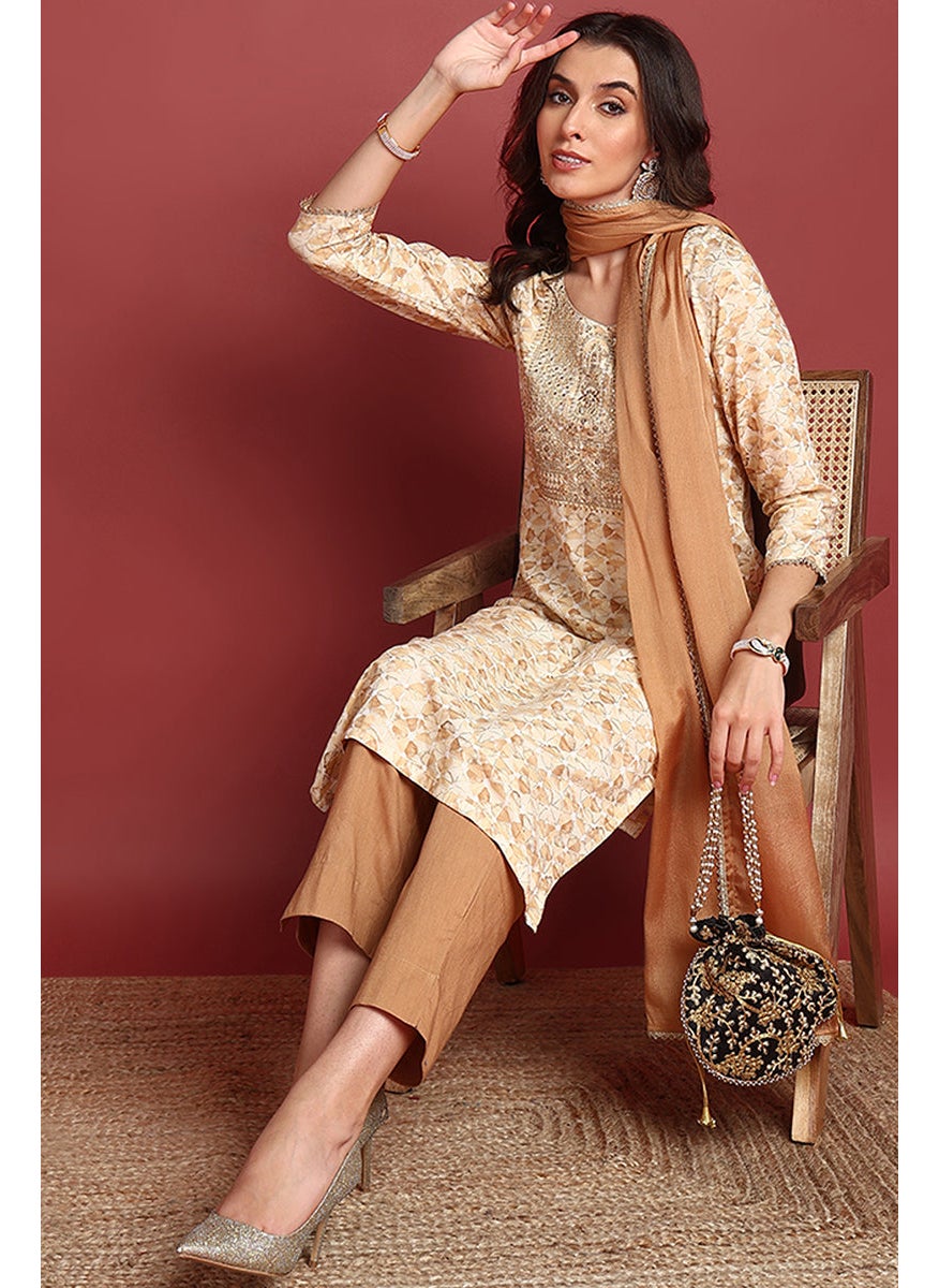 Brown Viscose Rayon Embroidered Straight 3-Piece Kurta Set
