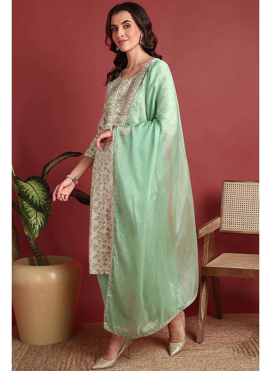 Green Viscose Rayon Embroidered Straight 3-Piece Kurta Set