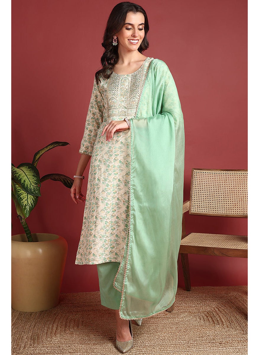 Green Viscose Rayon Embroidered Straight 3-Piece Kurta Set