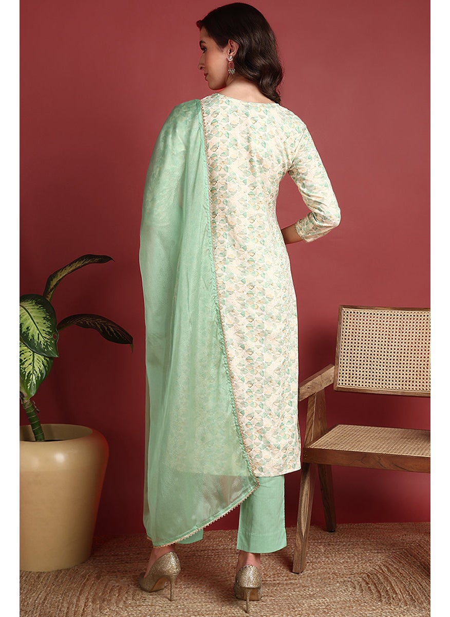 Green Viscose Rayon Embroidered Straight 3-Piece Kurta Set