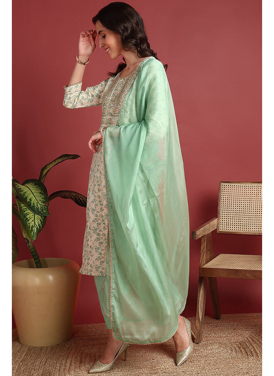 Green Viscose Rayon Embroidered Straight 3-Piece Kurta Set