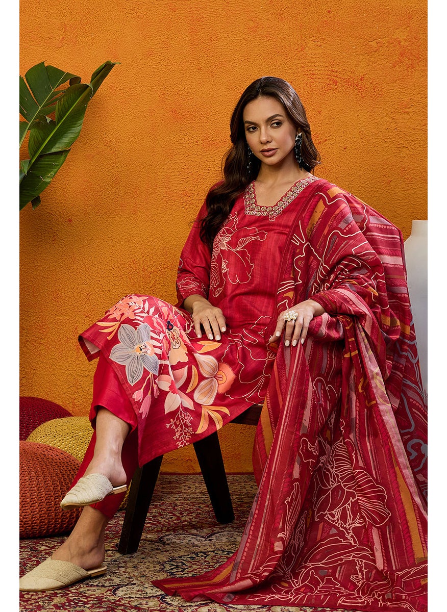 Red Silk Blend Floral Printed Straight Kurta Set