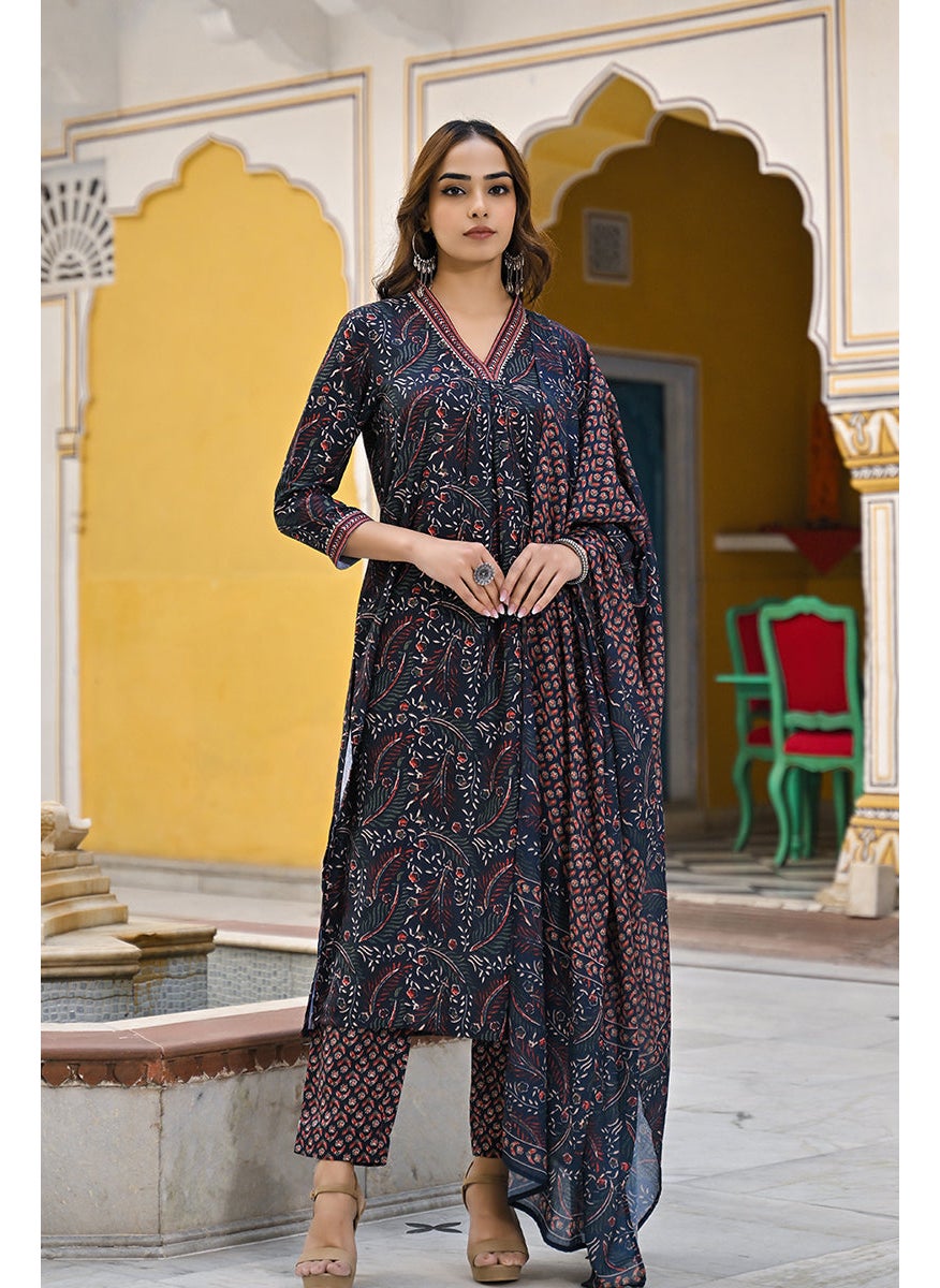 Navy Blue Rayon Blend Floral Printed Straight 3-Piece Kurta Set
