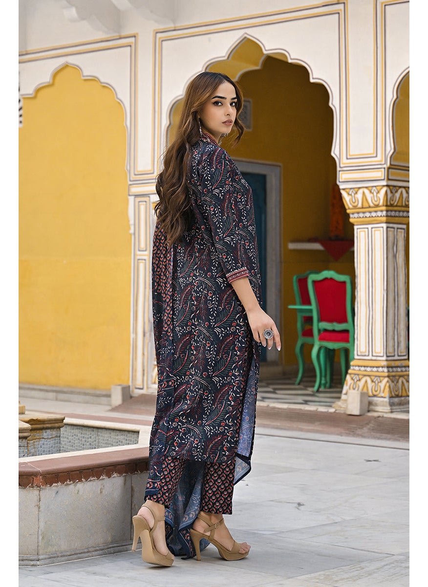 Navy Blue Rayon Blend Floral Printed Straight 3-Piece Kurta Set