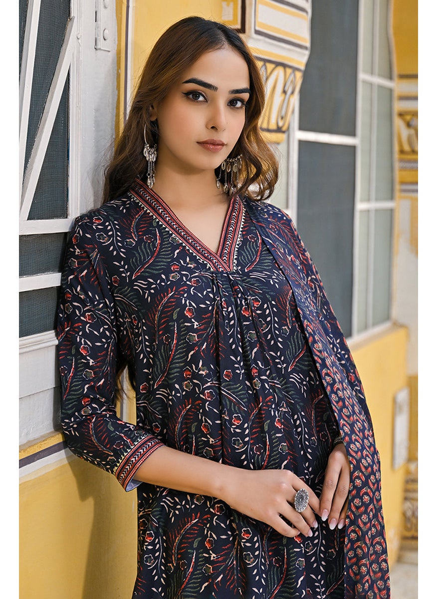 Navy Blue Rayon Blend Floral Printed Straight 3-Piece Kurta Set