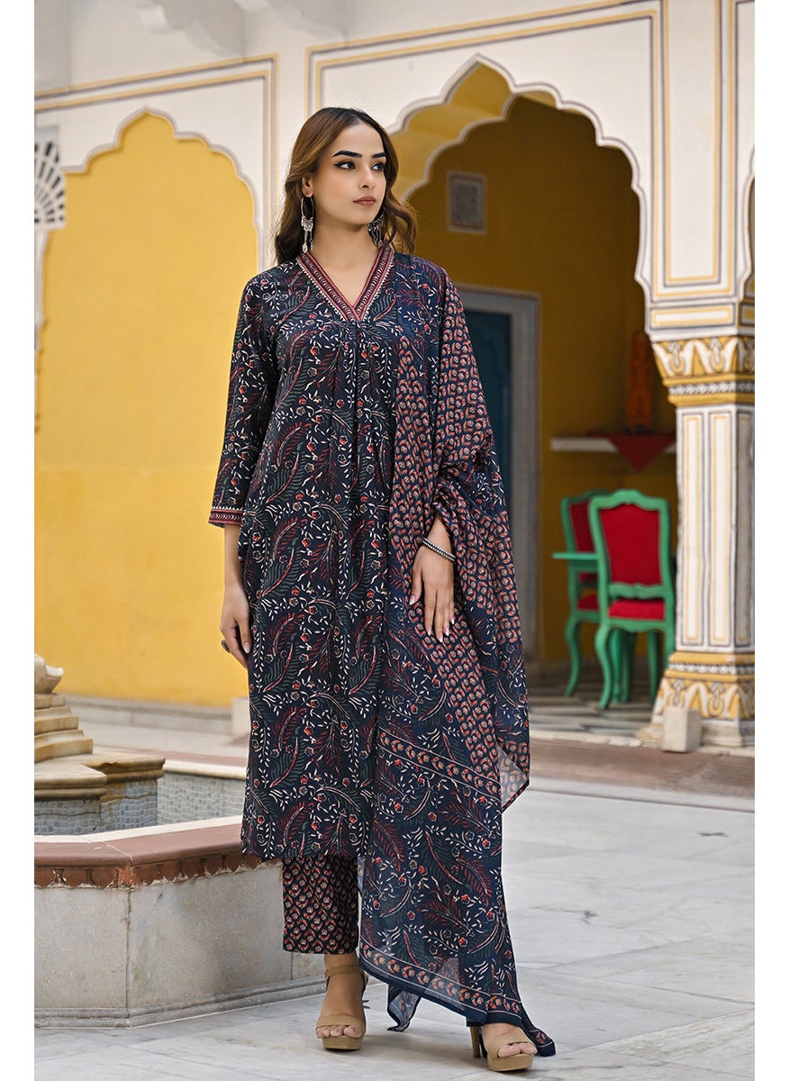 Navy Blue Rayon Blend Floral Printed Straight 3-Piece Kurta Set