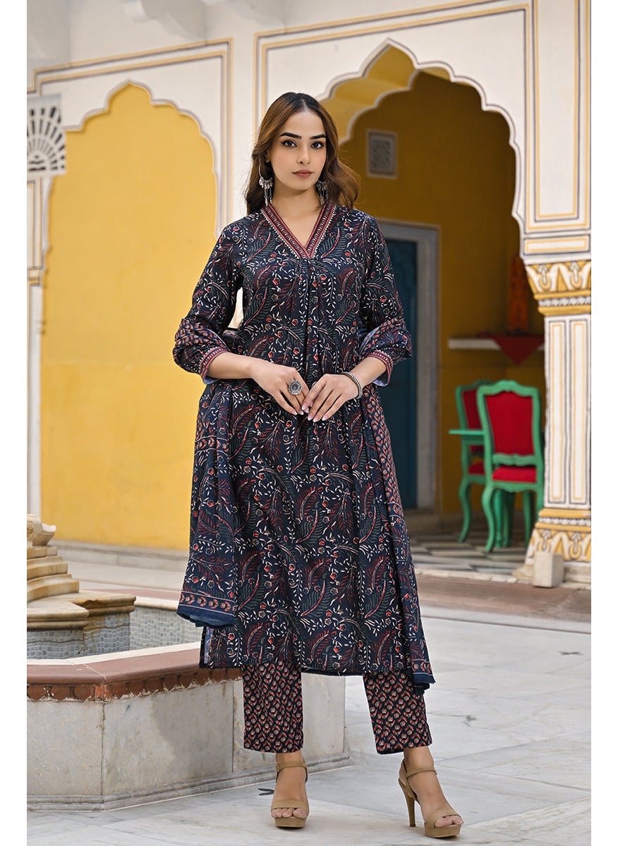 Navy Blue Rayon Blend Floral Printed Straight 3-Piece Kurta Set