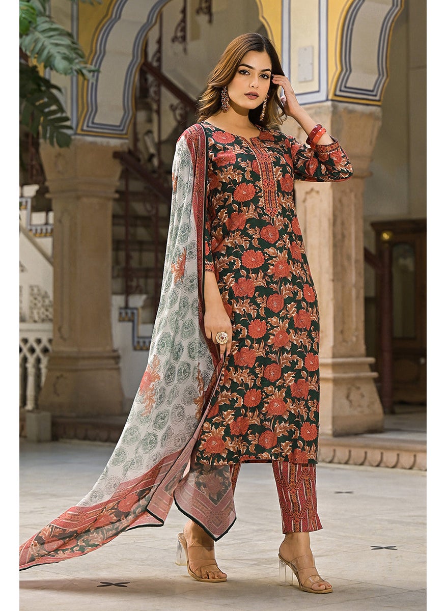 Green Rayon Blend Floral Printed Straight 3-Piece Kurta Set