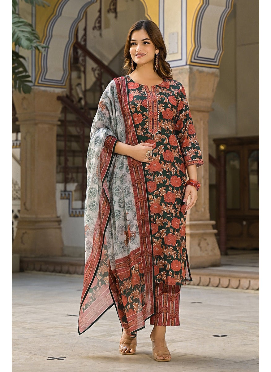 Green Rayon Blend Floral Printed Straight 3-Piece Kurta Set