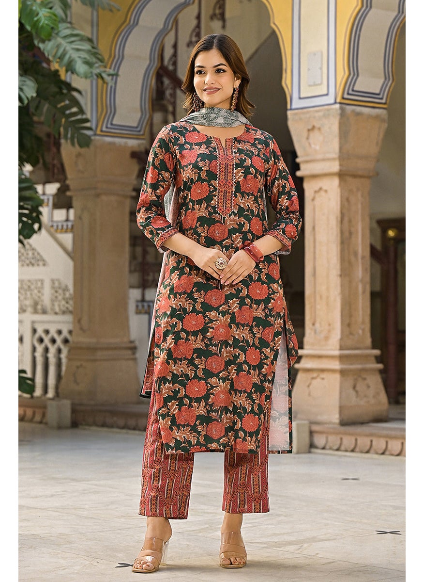 Green Rayon Blend Floral Printed Straight 3-Piece Kurta Set