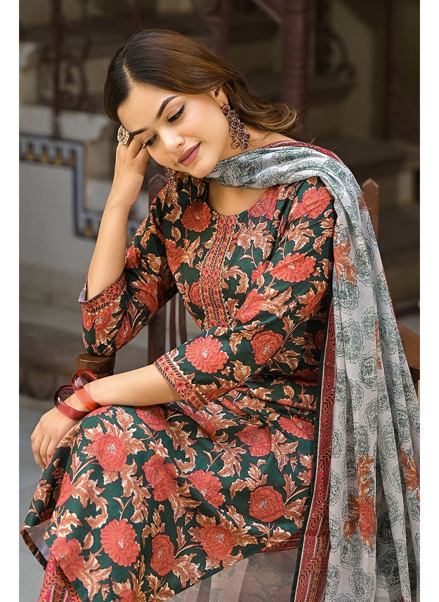 Green Rayon Blend Floral Printed Straight 3-Piece Kurta Set
