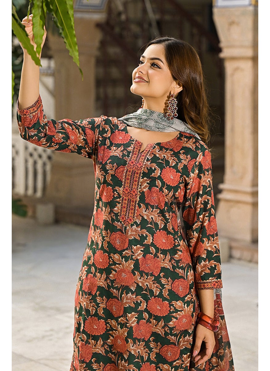 Green Rayon Blend Floral Printed Straight 3-Piece Kurta Set