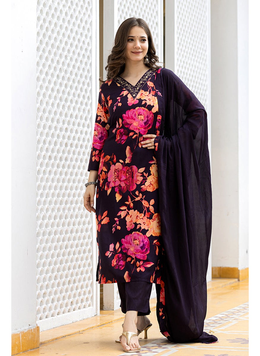 Purple Rayon Blend Floral Printed Straight Kurta Set