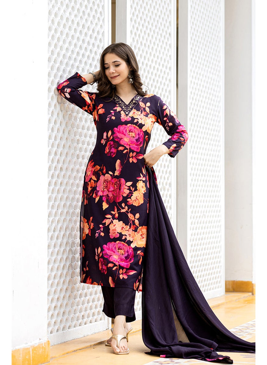 Purple Rayon Blend Floral Printed Straight Kurta Set