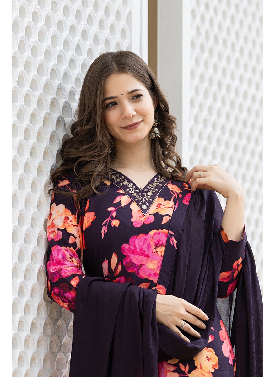 Purple Rayon Blend Floral Printed Straight Kurta Set