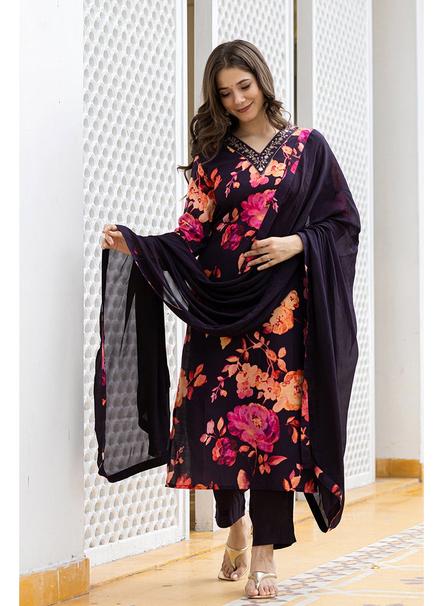 Purple Rayon Blend Floral Printed Straight Kurta Set