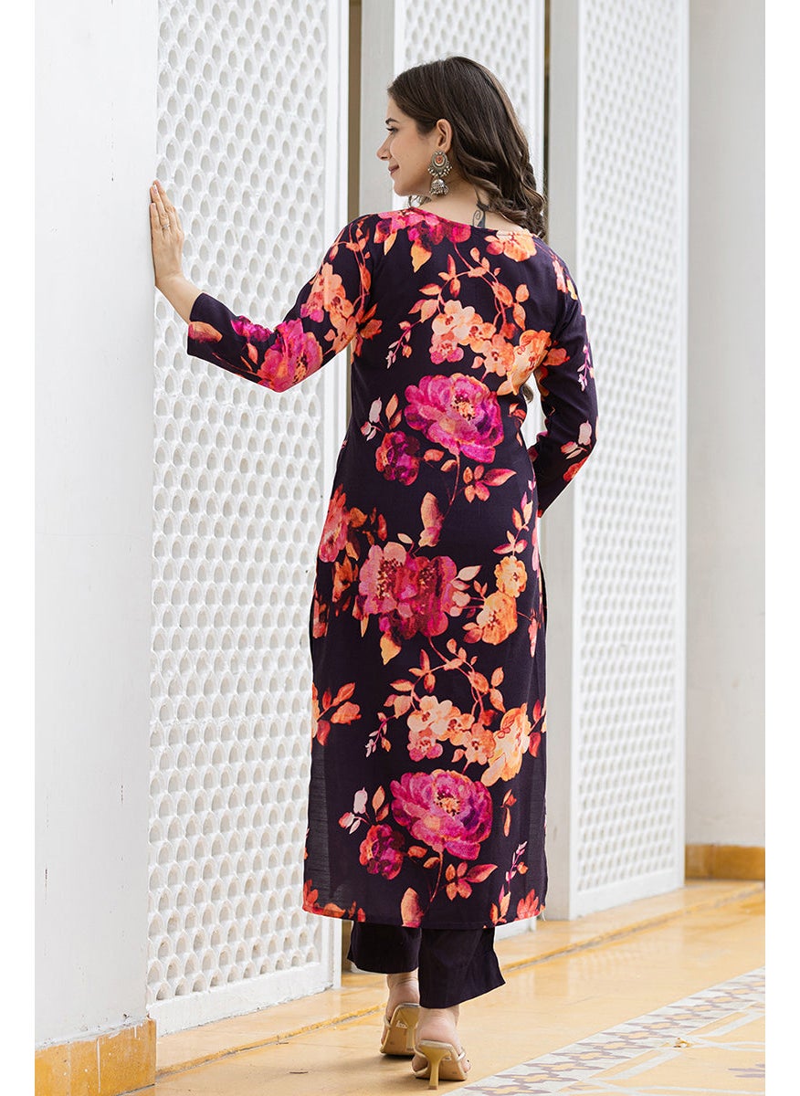 Purple Rayon Blend Floral Printed Straight Kurta Set