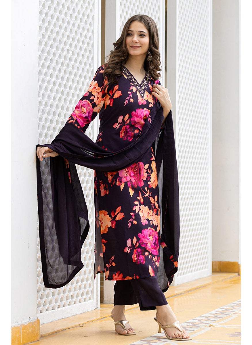 Purple Rayon Blend Floral Printed Straight Kurta Set