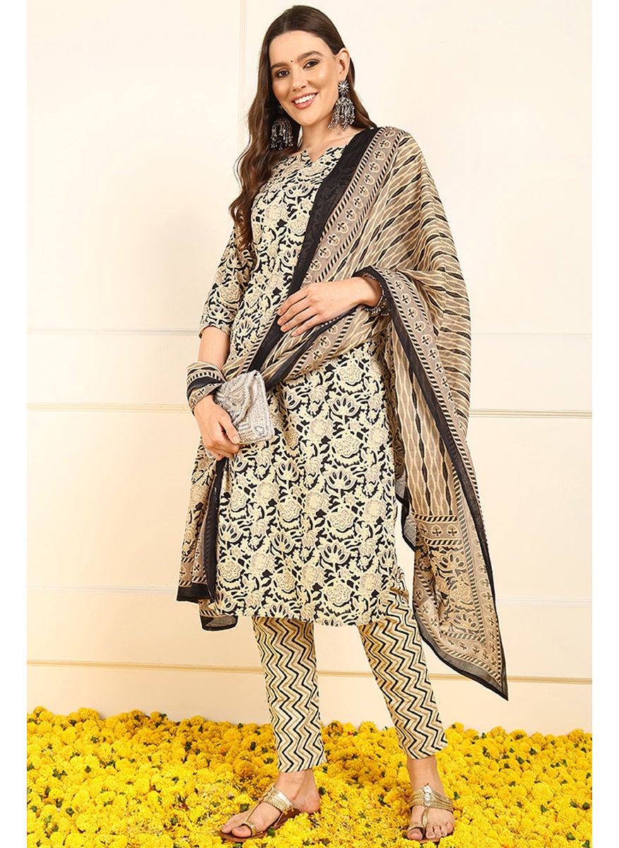 Black Pure Cotton Floral Printed Straight 3-Piece Kurta Set