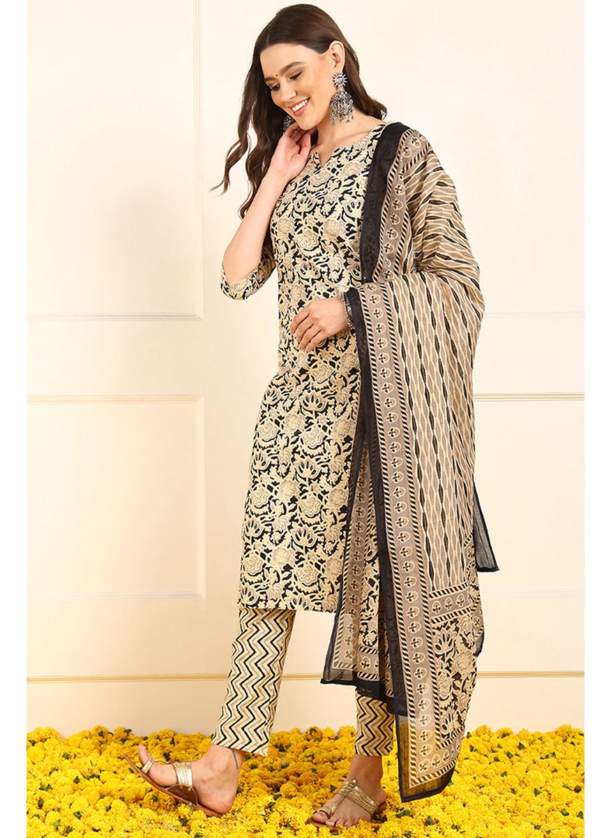 Black Pure Cotton Floral Printed Straight 3-Piece Kurta Set