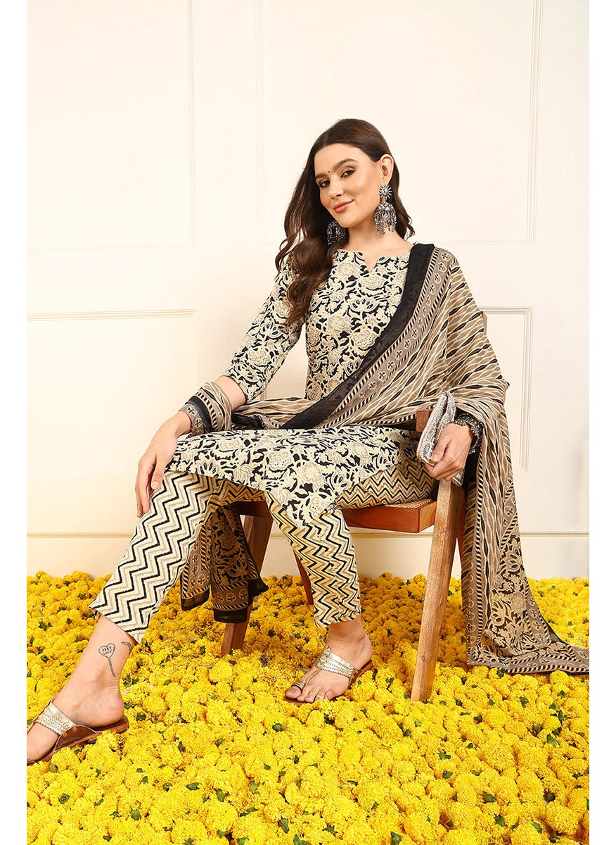 Black Pure Cotton Floral Printed Straight 3-Piece Kurta Set