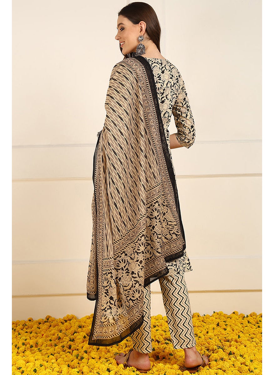 Black Pure Cotton Floral Printed Straight 3-Piece Kurta Set