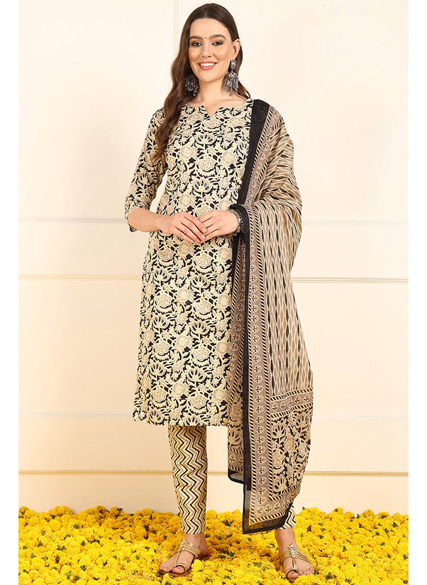 Black Pure Cotton Floral Printed Straight 3-Piece Kurta Set