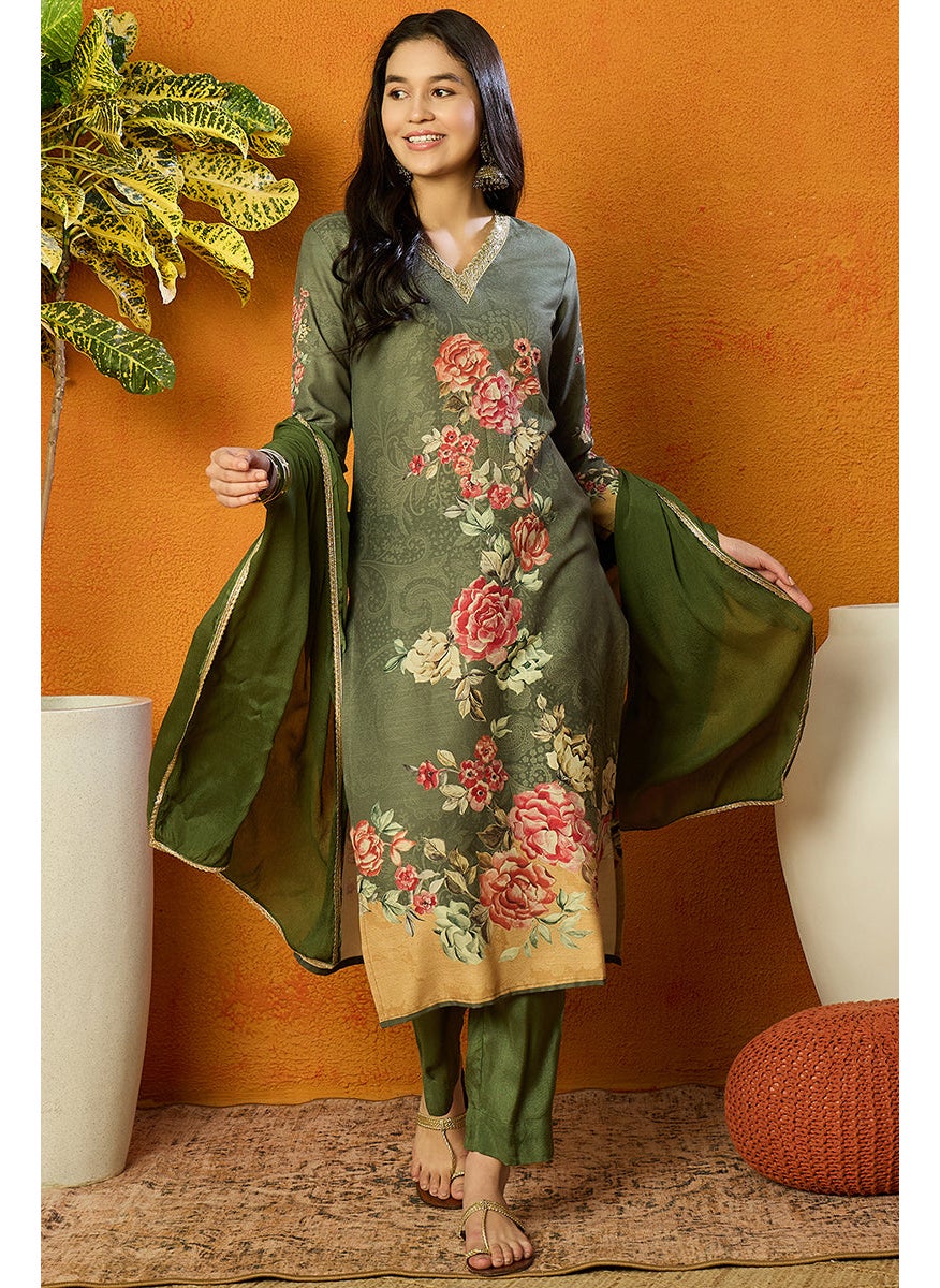 Olive Rayon Blend Floral Printed Straight Kurta Set