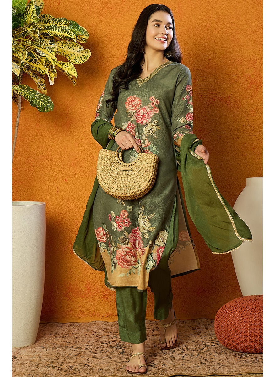Olive Rayon Blend Floral Printed Straight Kurta Set