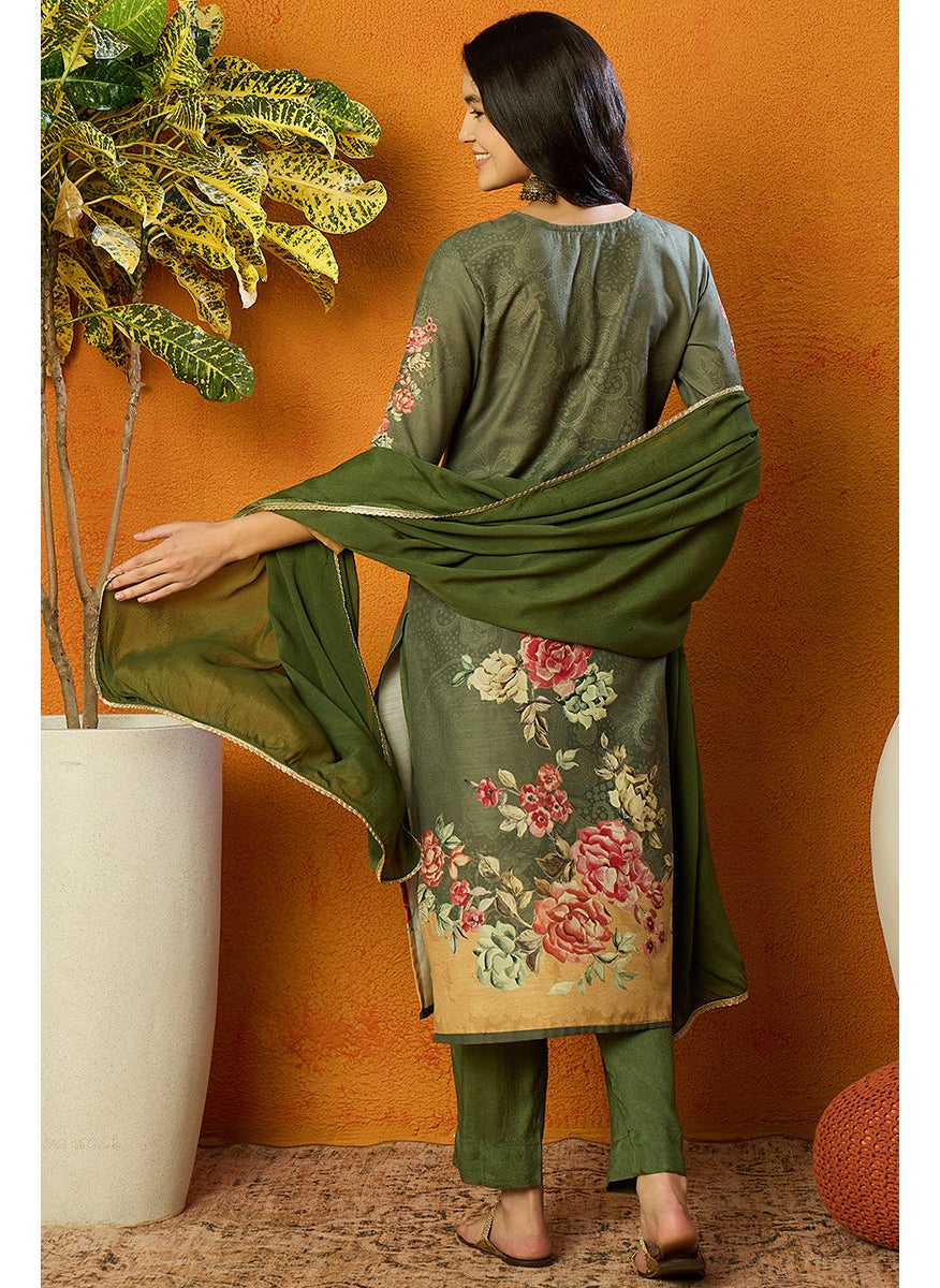 Olive Rayon Blend Floral Printed Straight Kurta Set