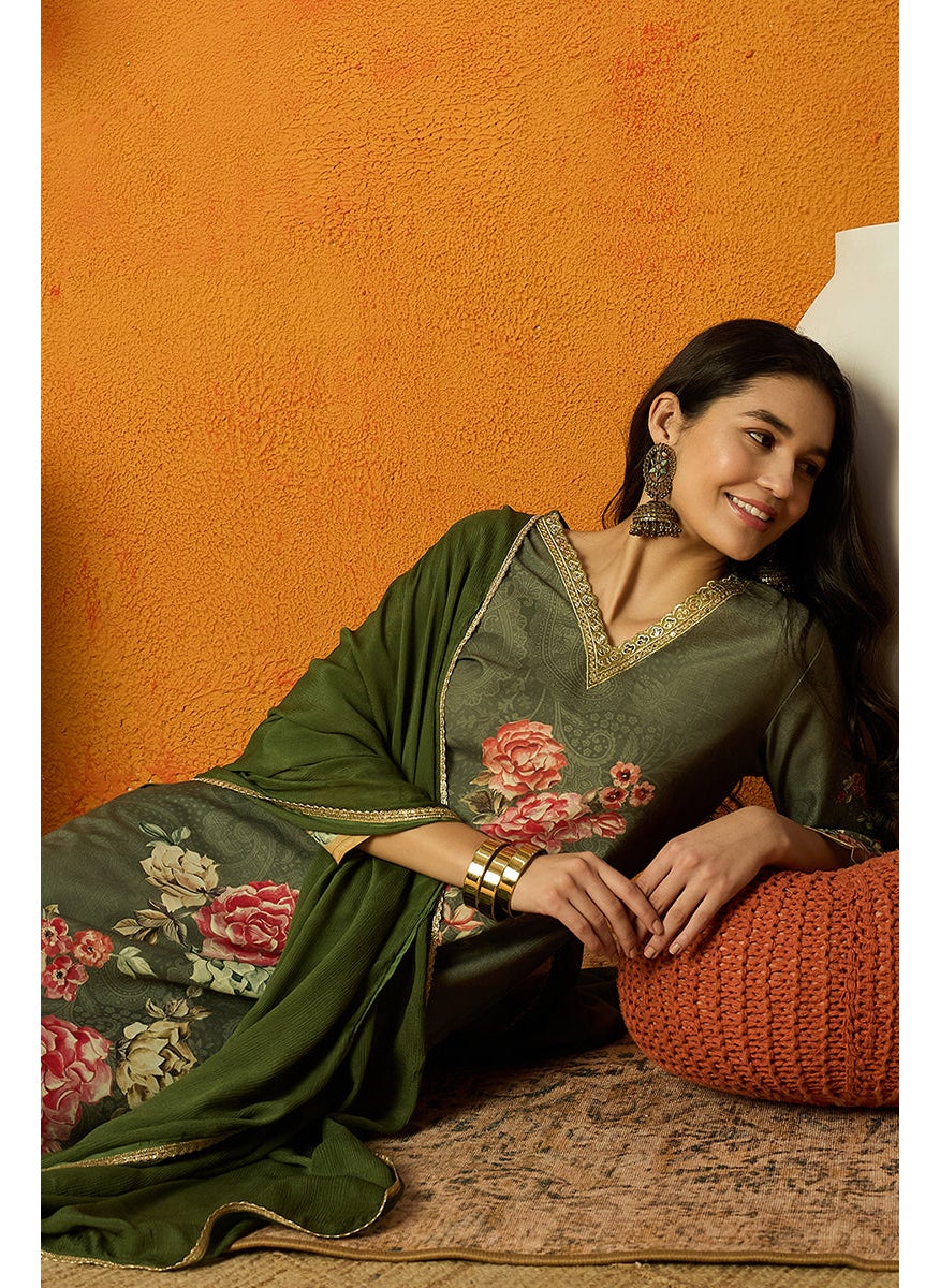 Olive Rayon Blend Floral Printed Straight Kurta Set