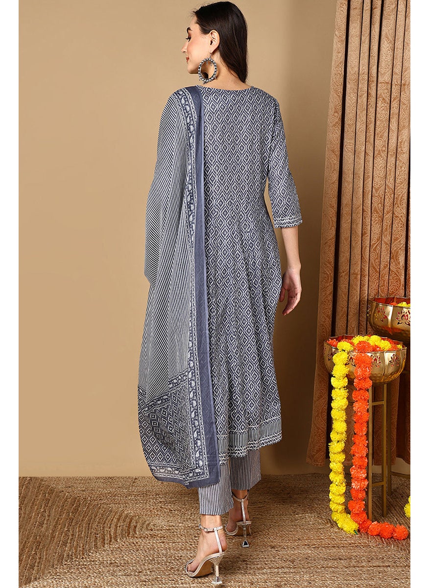 Grey Rayon Blend Geometric Printed A Line Kurta Set