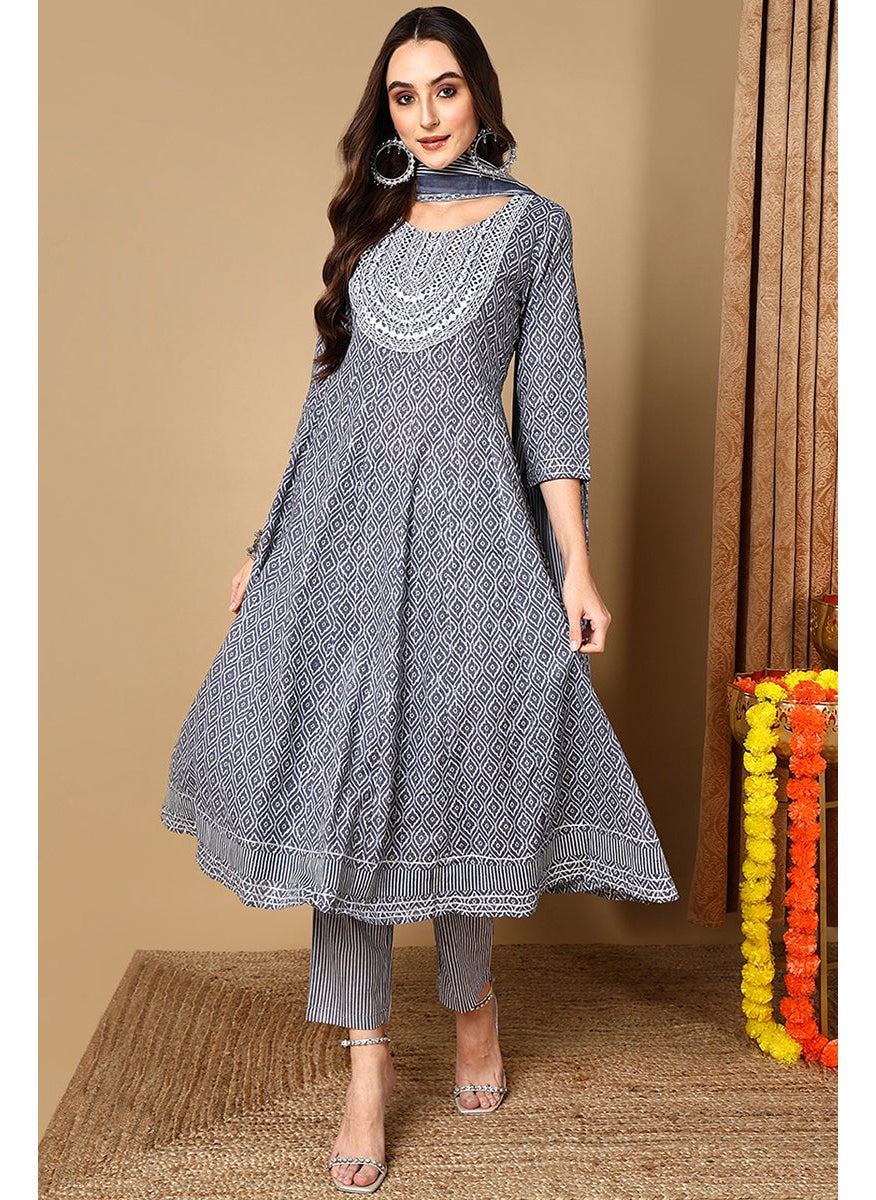 Grey Rayon Blend Geometric Printed A Line Kurta Set