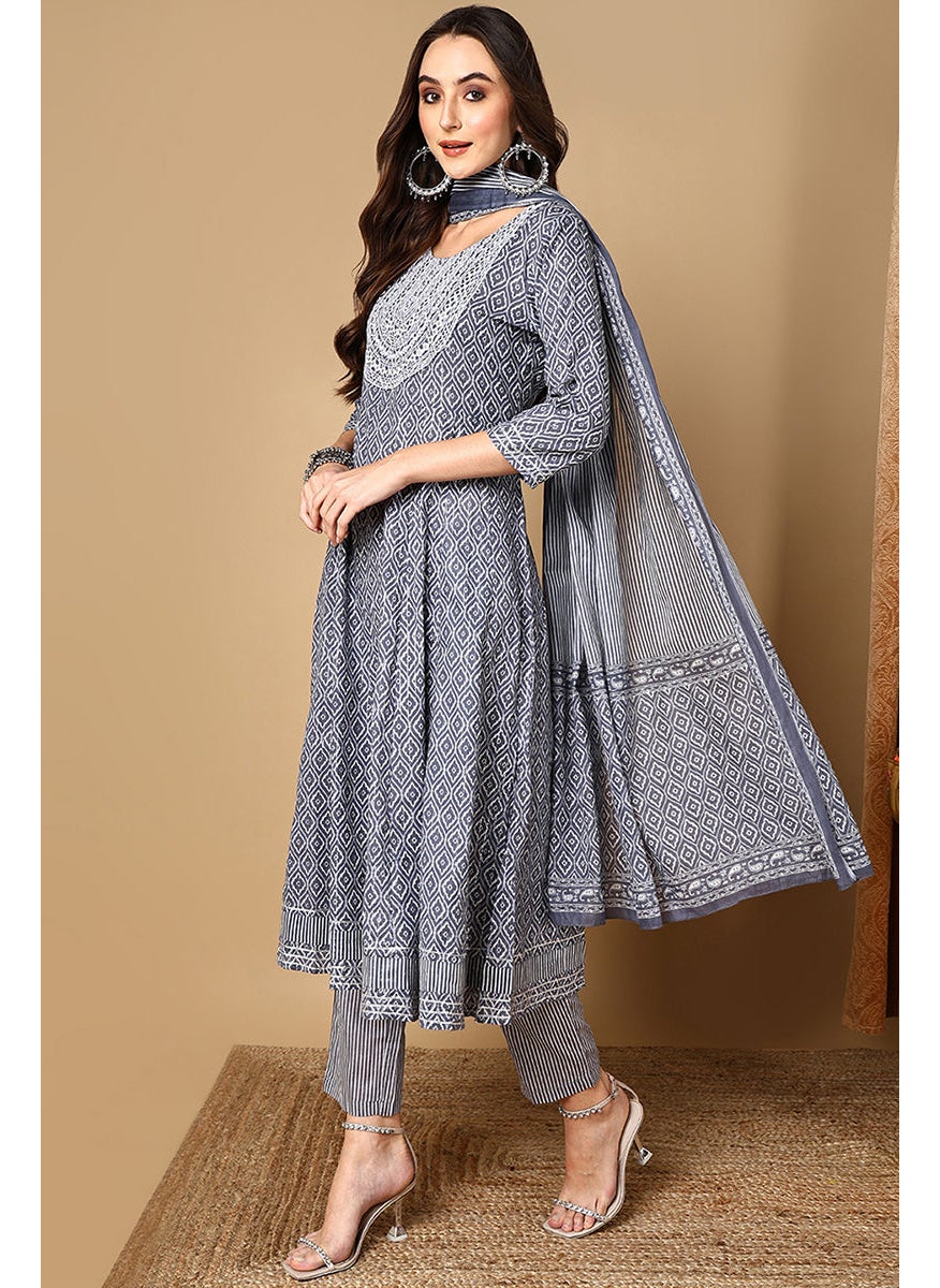 Grey Rayon Blend Geometric Printed A Line Kurta Set