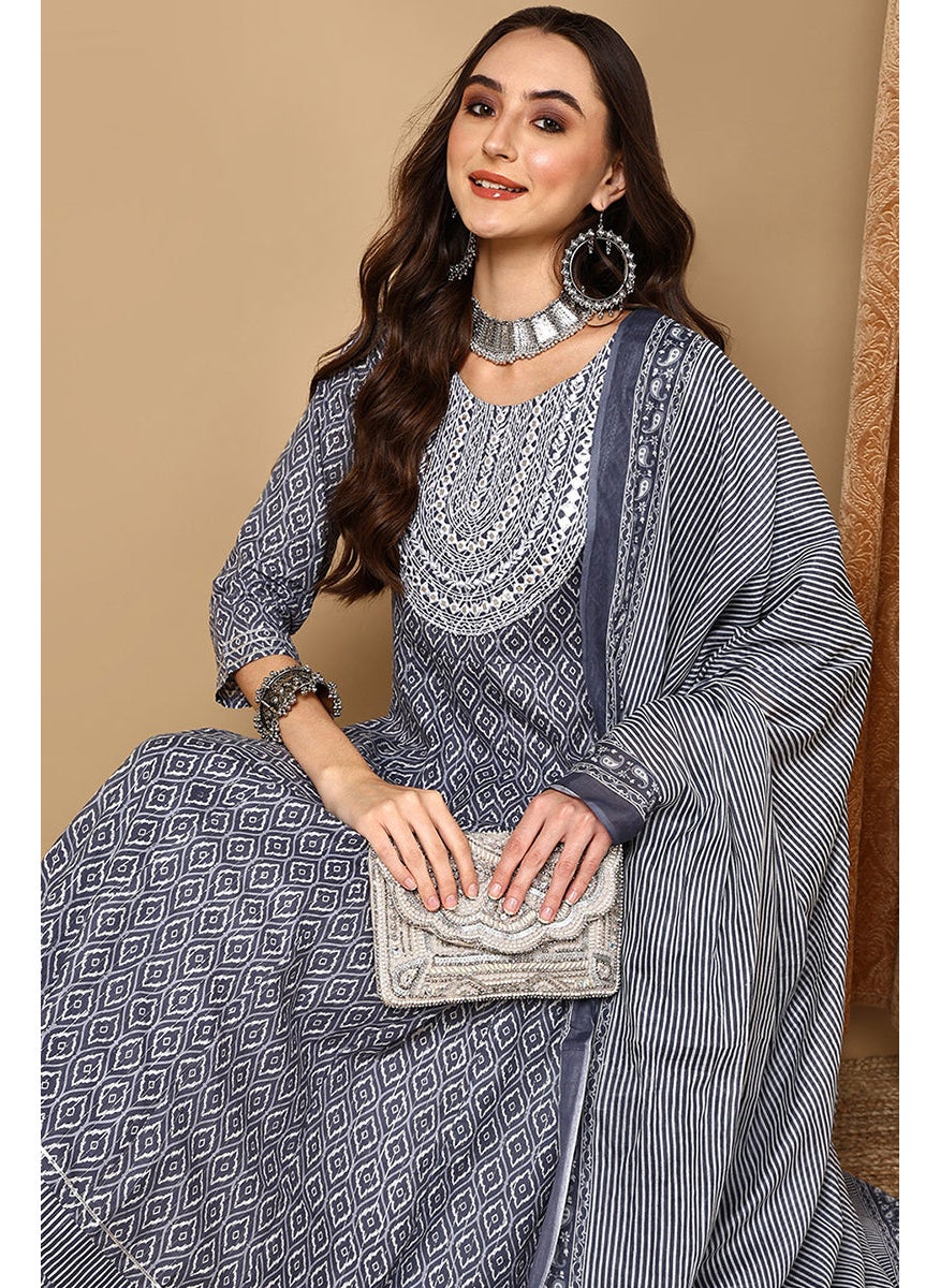 Grey Rayon Blend Geometric Printed A Line Kurta Set