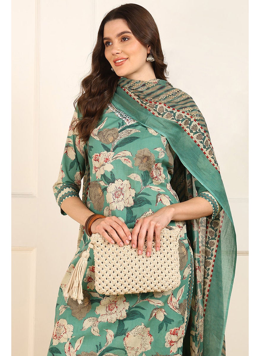 Green Pure Cotton Floral Printed Straight 3-Piece Kurta Set